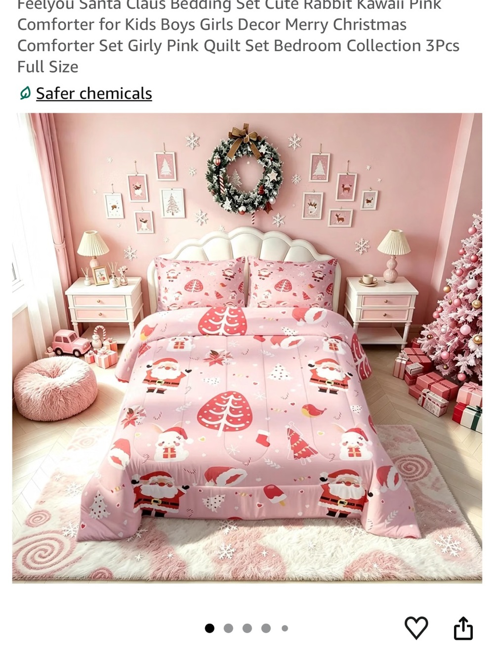 Feelyou Santa Print Pink Comforter Set - Holiday Kids Bedding